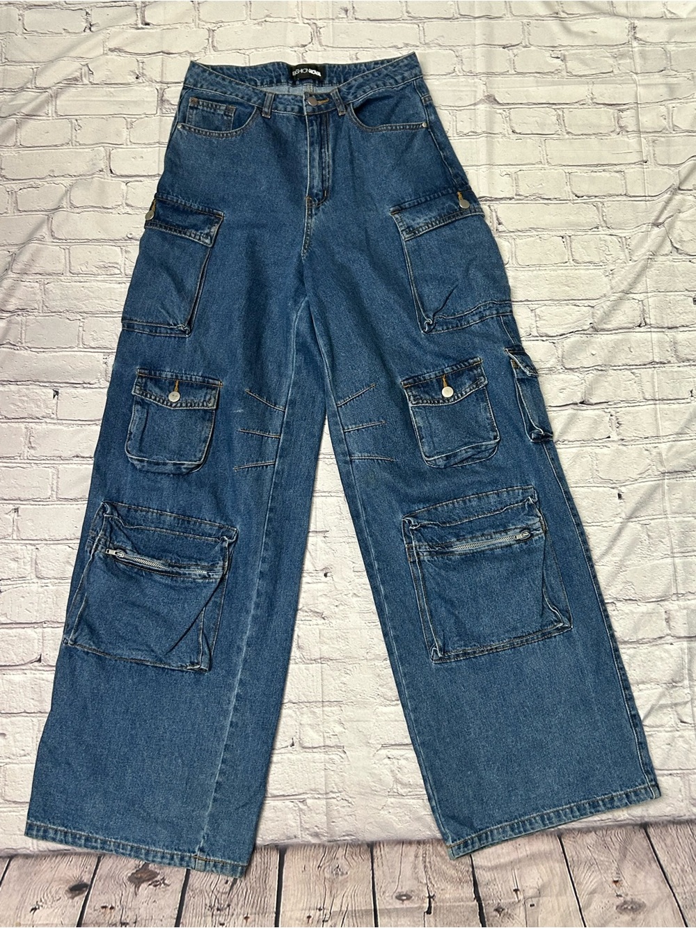Fashion Nova Women's/Junior’s Blue Denim Wide Leg Cargo Jeans